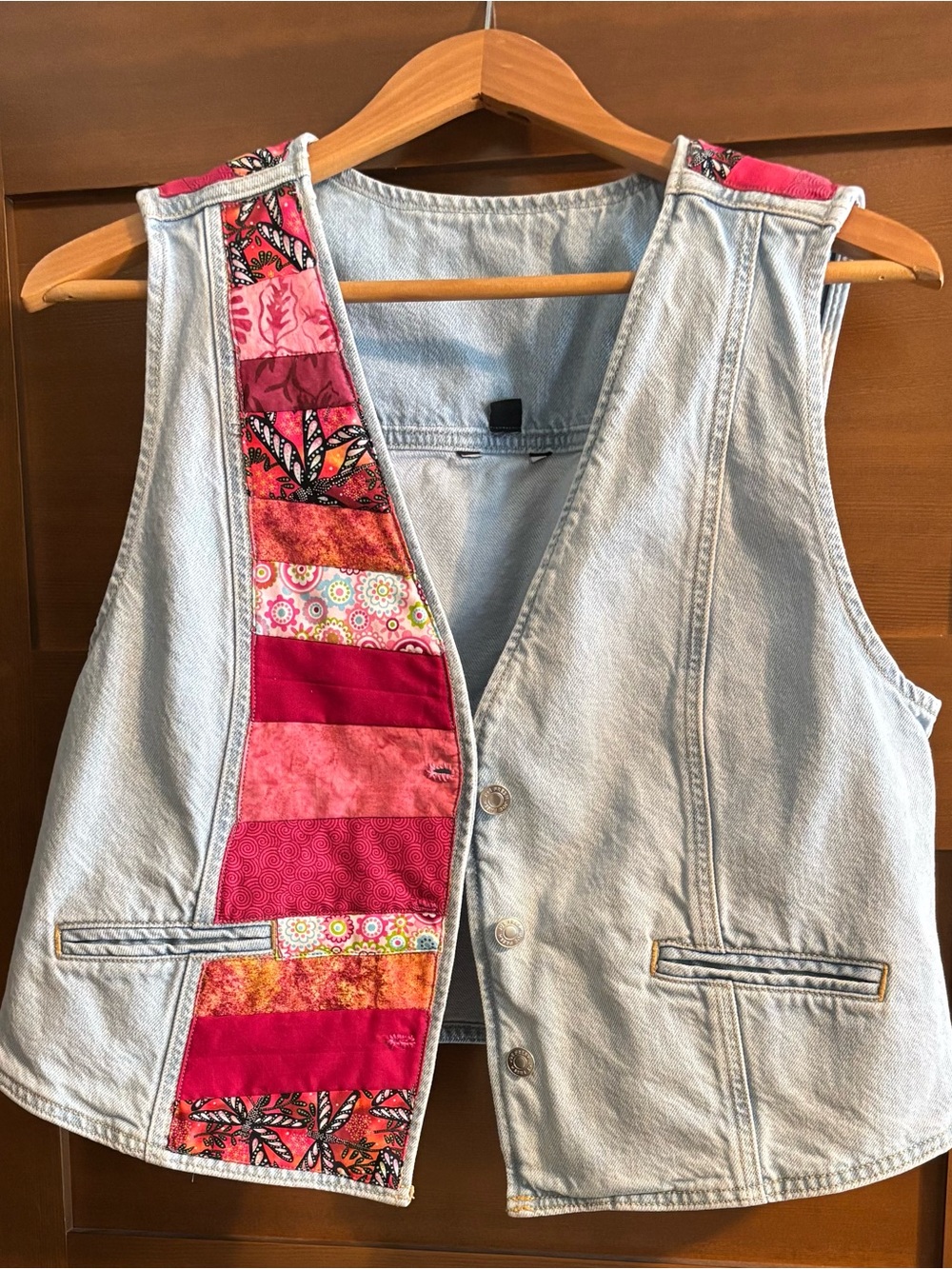 Upcycled Light Wash Denim Festival Vest with Patchwork Accent